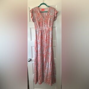 Maaji Pink and White Maxi Sundress with Flutter Sleeves